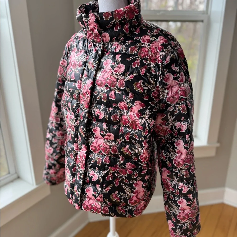 Lands’ End Black Pink Floral Cropped Puffer Jacket Size Girls XL Fits Women S-M
